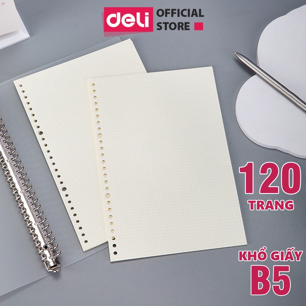 Ruột Sổ Còng Giấy Refill A5 B5 A4 Deli - Kẻ Ngang/ Caro - Giấy Chống Lóa 100/ 120 Trang - Sổ Planner Bullet Journal