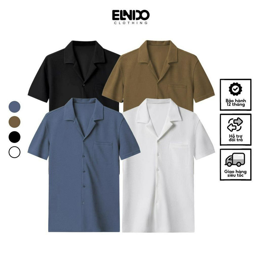 Áo sơ mi tay ngắn nam nữ ELNIDO form rộng cổ vest phong cách unisex Hàn Quốc chất vải tổ ong thoáng mát