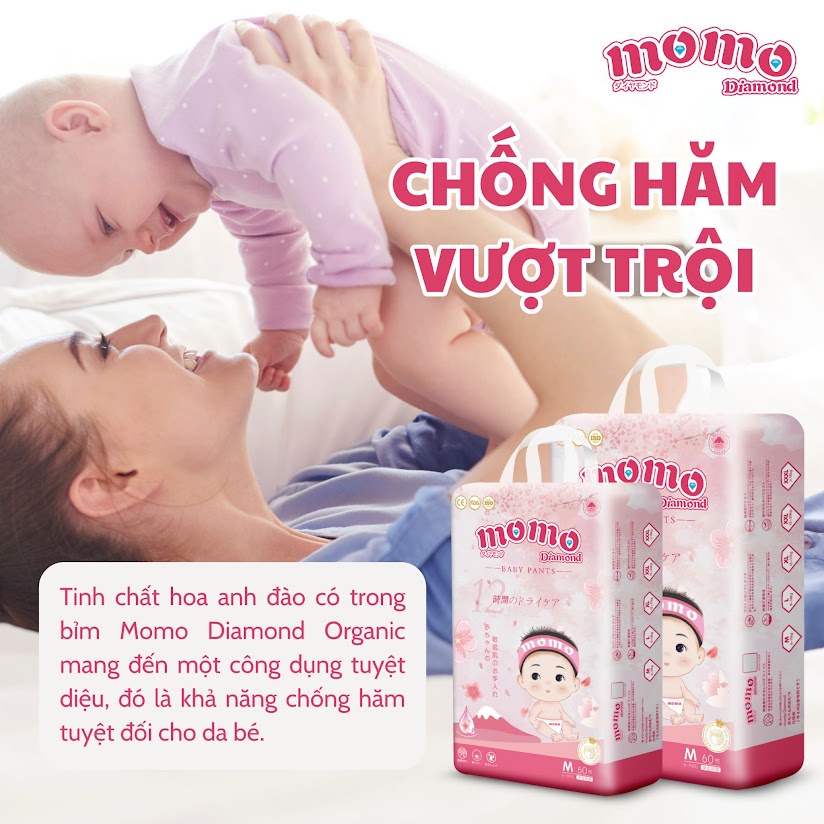 Bỉm momo diamond dán quần S64/ M60/L54/XL50/XXL48/XXXL46 tinh chất hoa anh đào.