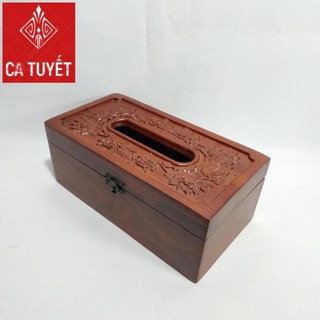 Hộp đựng giấy ăn GỖ HƯƠNG chạm khắc hoa hồng leo có viền( LOẠI TO - ẢNH THẬT)