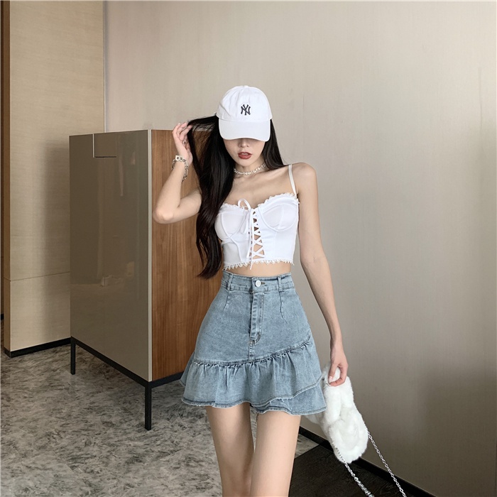 SUXI Chân váy jean chữ a thiết kế mới phong cách retro cho nữ