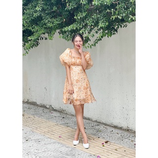 Somee studio Váy tơ hoa cam tay bồng Judy Dress