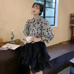 Áo sơ mi SUXI tay phồng dáng rộng in họa tiết hoa dễ thương thời trang mùa hè cho nữ