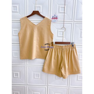 Set bộ LINEN BỘT Áo sát nách cổ tim trước và sau + short. BIGSIZE. JUNE S13. Ảnh thật.