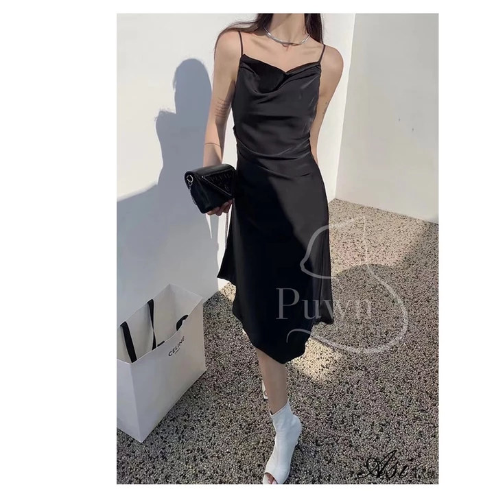 Váy lụa hai dây vạt chéo xếp li eo dự tiệc, prom quyến rũ, bí ẩn, sexy - Puwn Pơ🥑