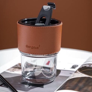 Cốc Thủy Tinh GORGOUS Có Nắp , Cốc Kèm Ống Hút Và Bao Da Đi Kèm - LY UỐNG NƯỚC 450ml Có 2 Màu - COC5