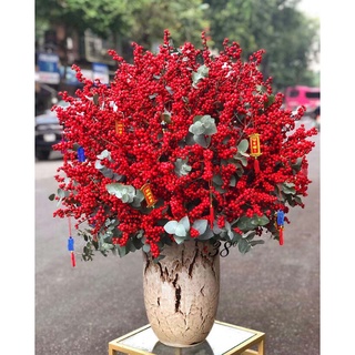 Đào đông đỏ nhiều nhánh quả xốp thân gỗ và lá kèm- Dài 0.7-1mm kèm lá trang trí các loại- sang trọng- cầu tài lộc