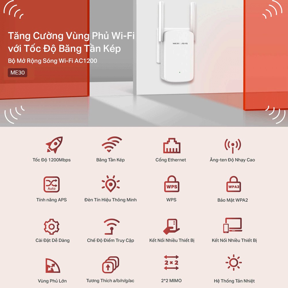 Ảnh Bộ Mở Rộng Sóng Wifi Mercusys ME30 Chuẩn AC 1200Mbps 3