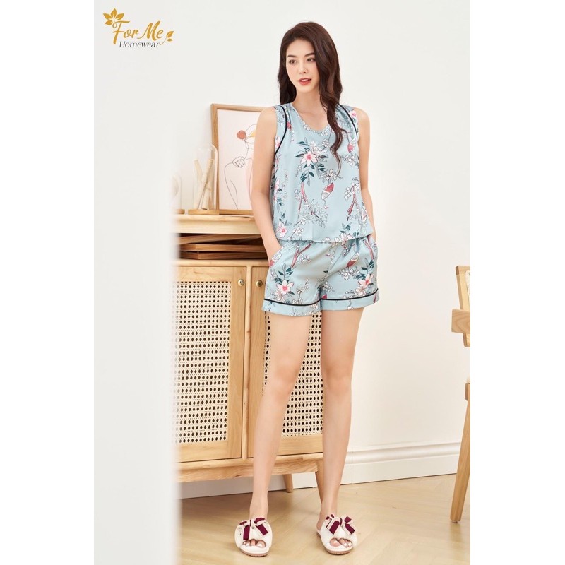 Bộ đồ ,bộ ba lỗ nữ hoạ tiết Hoa Xanh chất liệu lụa giấy cao cấp Luxury forMe