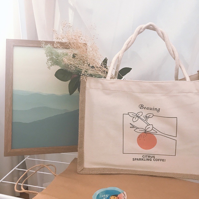 Túi cói bố họa tiết quả cam 🍊