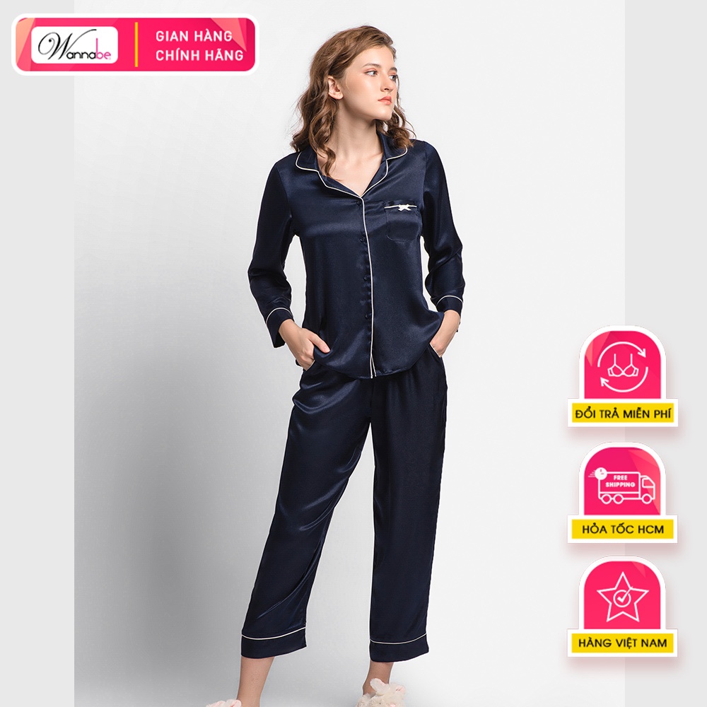Đồ bộ mặc nhà Nữ WANNABE BD35P đồ bộ quần dài áo tay ngắn pijama cổ điển viền gân sang chảnh sống mãi với thời gian