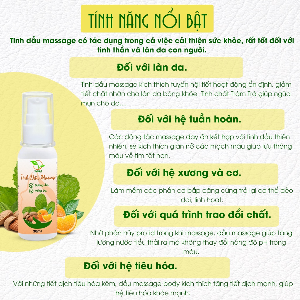 Ảnh Tinh dầu Massage dưỡng ẩm trắng da TAMAS, chai 30ml thành phần từ thiên nhiên, an toàn cho da, không hóa chất độc hại,.. 2