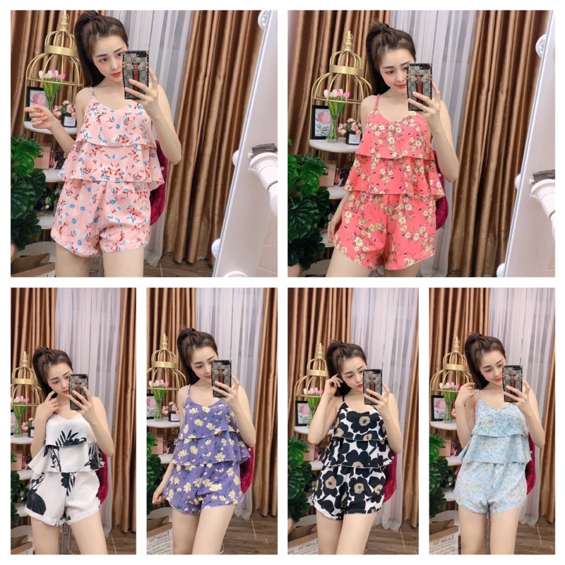 Đồ bộ ngủ mặc nhà 2 tầng dây lụa mùa hè