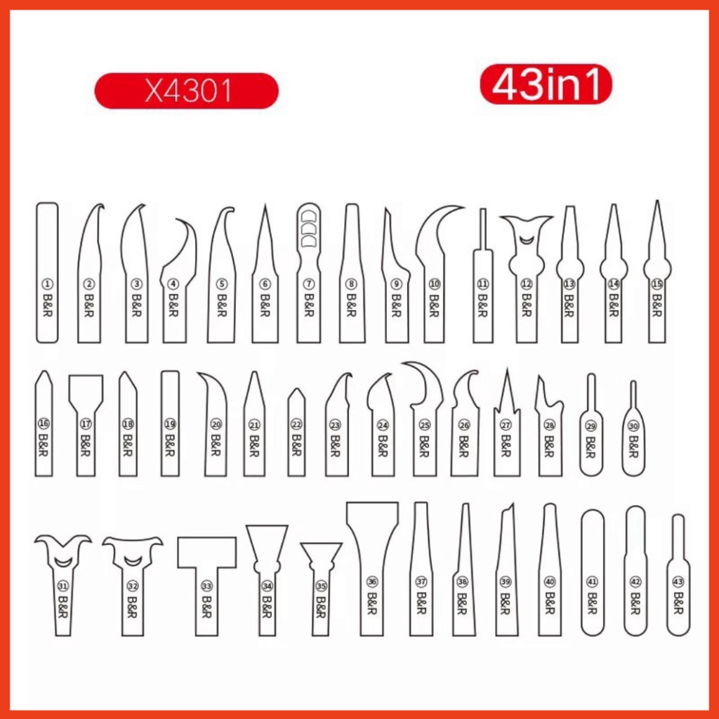 Bộ dao đục tách ic vệ sinh keo B&R X4301, gồm cán và 43 lưỡi dao