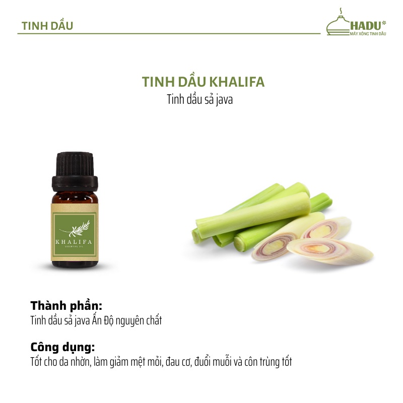 Tinh Dầu Sả Java Nguyên Chất Khalifa 50ml Tốt Cho Da Giảm Stress Khử Mùi Chống Say Xe Hàng Chính Hãng