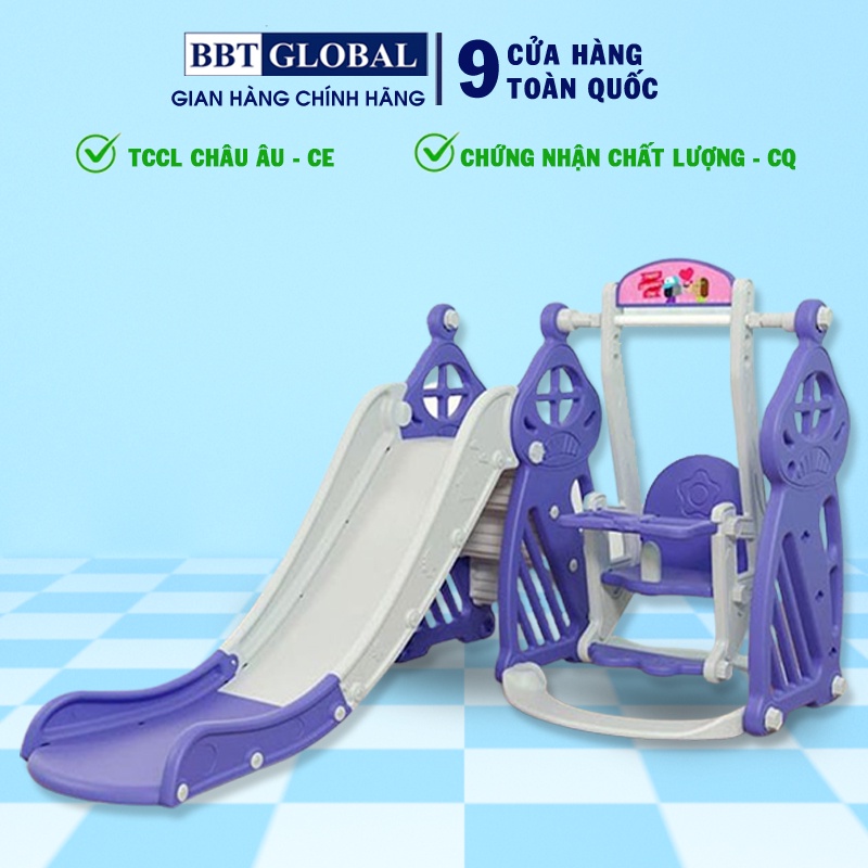 (Free ship Hà Nội, HCM+bảo hành 2 năm) Cầu trượt xích đu hình lâu đài máng dài cho bé BBT Global BSL301N