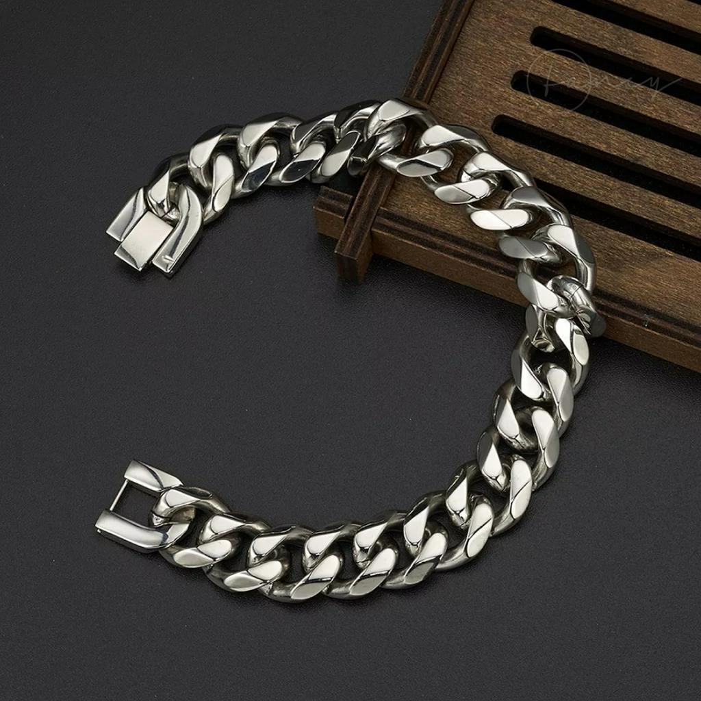 Vòng đeo tay nam cuban mắc xích 15mm thép titan không gỉ, lắc tay nam nữ Fancy bản lớn màu bạc 15mm
