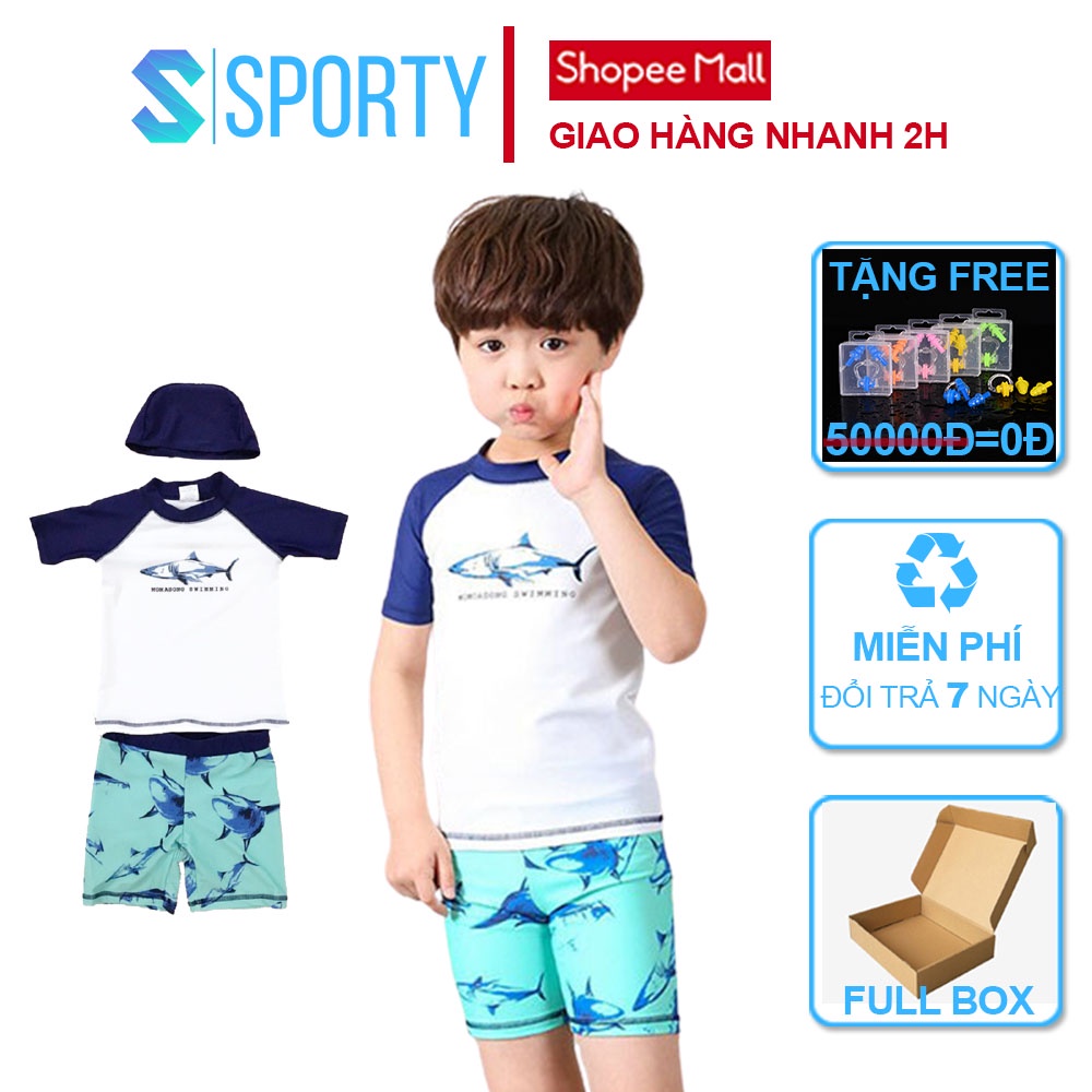 Đồ bơi trẻ em - Áo bơi ngắn tay họa tiết cá mập kèm mũ SPORTY SW9045