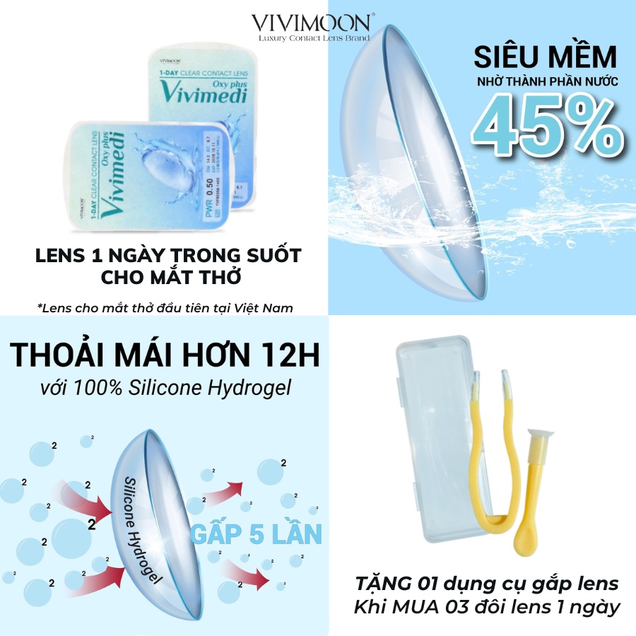 Ảnh Kính áp tròng VIVIMOON LENS trong suốt cận 1 ngày cho mắt thở Vivimedi Oxy Plus 24h (Giá 01 chiếc) 4