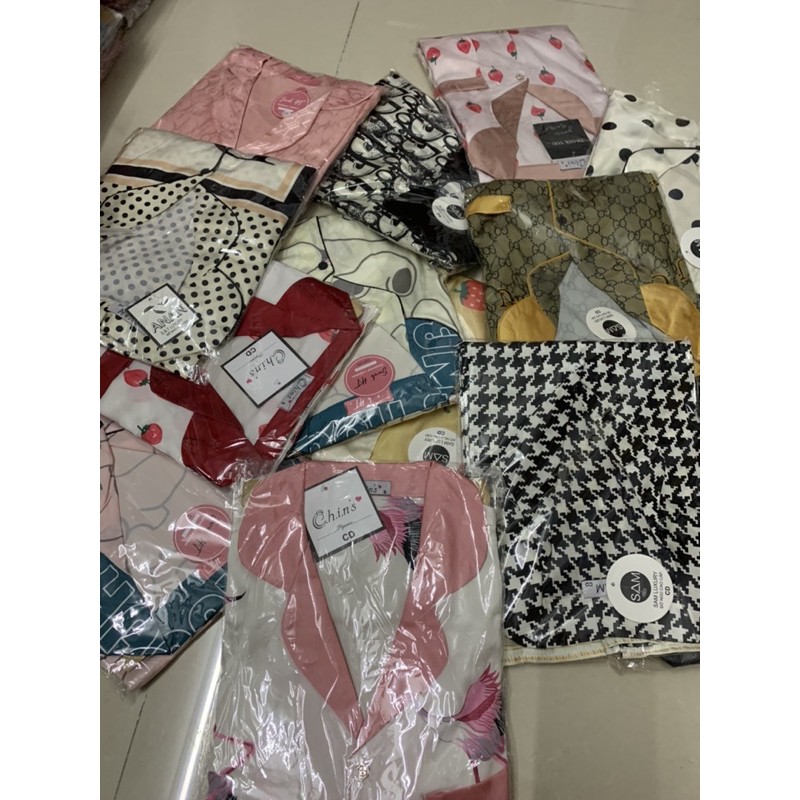 Bộ đồ Pijama lụa💖Bộ lụa tay cộc quần dài hoạ tiết mát lịm