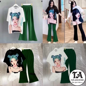 Set Áo Thun From Rộng Quần Ống Loe Cao Cấp - Set Dài Nữ Quần From Legging Phối Áo Phông 3D Phong Cách Hàn Quốc