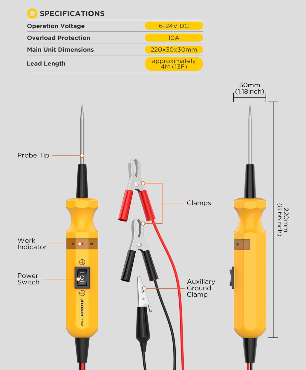 Mô tả AUTOOL BT160 Máy kiểm tra mạch điện ô tô Đầu dò nguồn Công cụ chẩn đoán ô tô Máy quét tích hợp điện áp điện cho ô tô 12V 24V Xe tải hạng nặng - 3