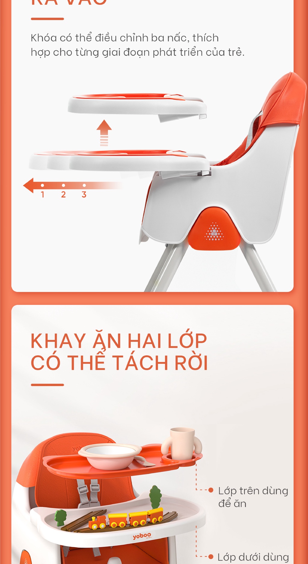 Mô tả Ghế ăn dặm cho bé Yoboo YB-0015 gồm khay ăn khay chứa đồ, điều chỉnh chiều cao ghế và độ rộng khay ăn - Hàng chính hãng - 3