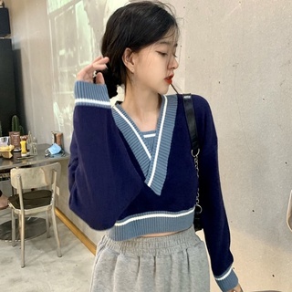 Áo Sweater Dệt Kim Cổ Chữ V Dáng Rộng Màu Sắc Tương Phản Thời Trang Cho Nữ