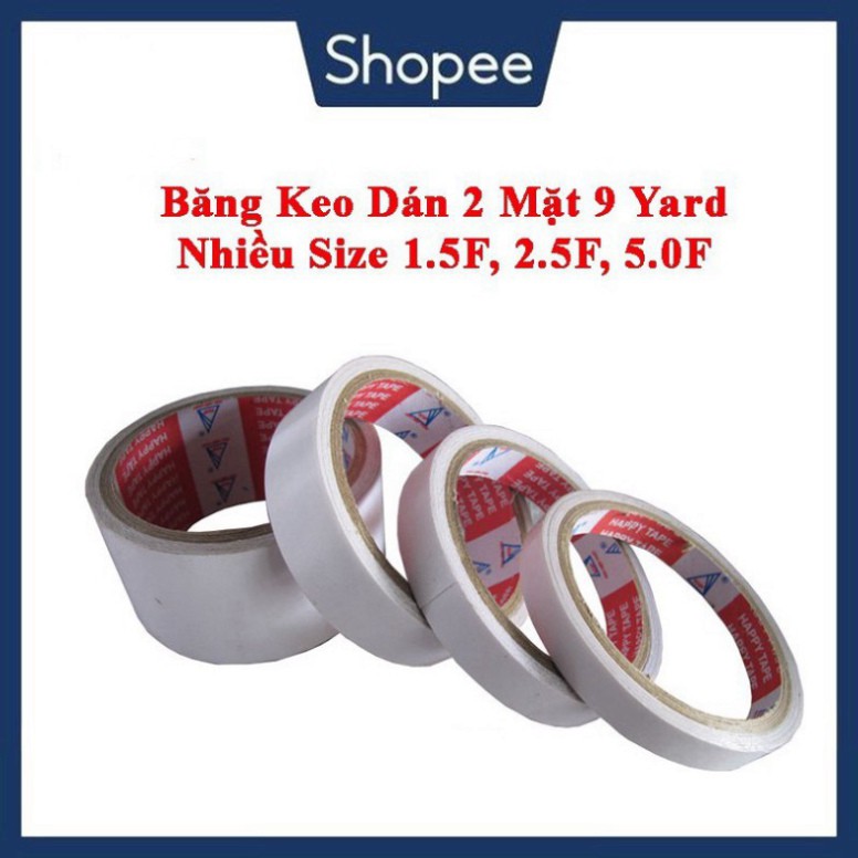 Cuộn Băng Keo Dán 2 Mặt Nhiều Size 15f 25f 50f Loại Đủ 9 Yard