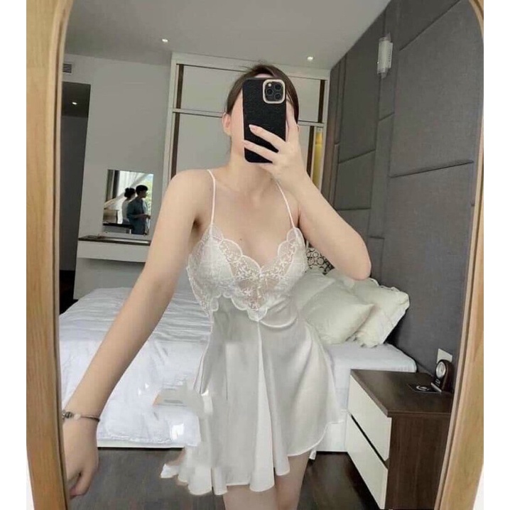 Váy ngủ lụa hai dây phối ren mềm mịn cao cấp Đầm mặc nhà gợi cảm quyến rũ