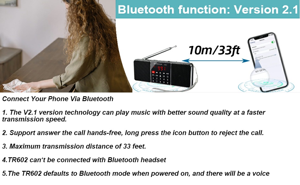 Mô tả Retekess TR602 Đài phát thanh Bluetooth âm thanh nổi AM FM di động với loa máy nghe nhạc MP3 không dây Hỗ trợ đầu vào Thẻ TF Đĩa USB có màn hình LED Hẹn giờ ngủ (Đen) - 3