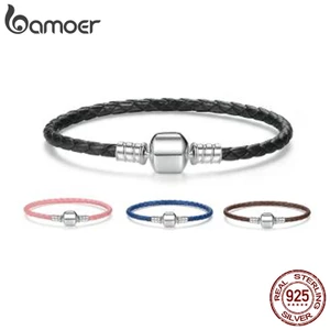 Vòng tay BAMOER da rắn phối khóa bạc phong cách thời trang DIY