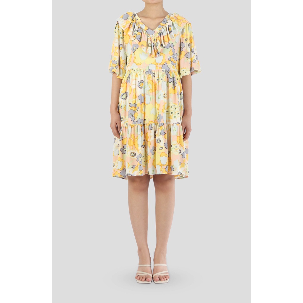 [𝗖𝗟𝗘𝗔𝗥𝗔𝗡𝗖𝗘 80] Đầm babydoll lụa cát E.studio tay bồng ngắn, màu vàng hoa tiết hoa mùa hè tươi tắn