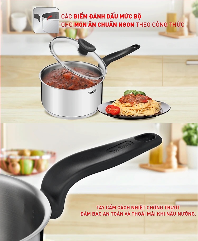 Mô tả Nồi cán dài/quánh inox đáy từ Tefal Primary 16cm, 1.5L - 2