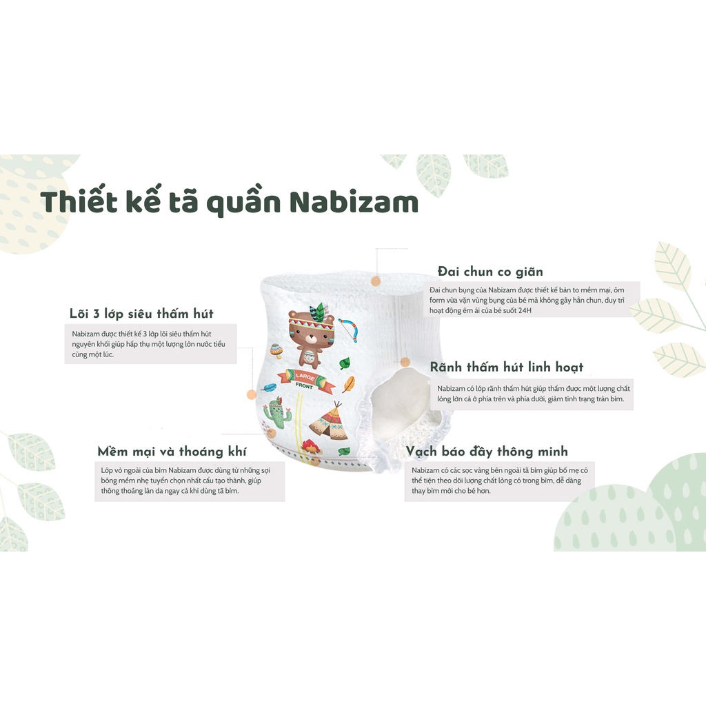 Ảnh Set 2 Miếng Tã/Bỉm Quần NABIZAM Ultra Thin Mỏng Vượt Trội, Chống Tràn Size M32/L30/XL26/2XL22/3XL20 Cho Bé 6-25kg 2