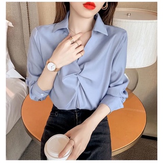 Phiên Bản Hàn Quốc Áo Sơ Mi Voan Thời Trang Nữ Tay Dài Màu Trơn Xếp Ly Top Thời Trang Đáy Áo Sơ Mi