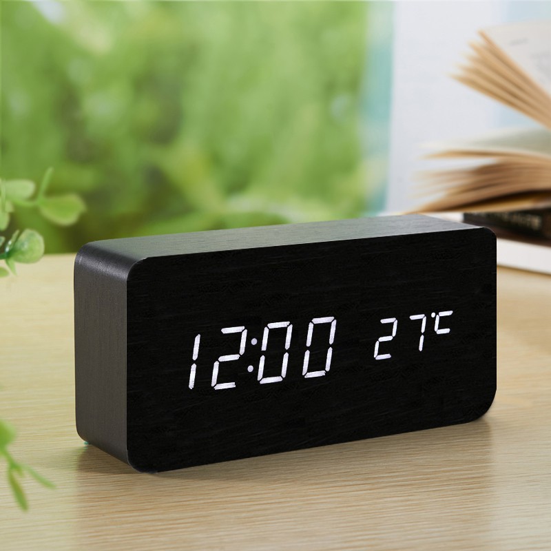 Đồng hồ để bàn LED giả gỗ MONSKY TESRO hình chữ nhật hiện đại, tiện dụng đo thời gian, nhiệt độ phòng.