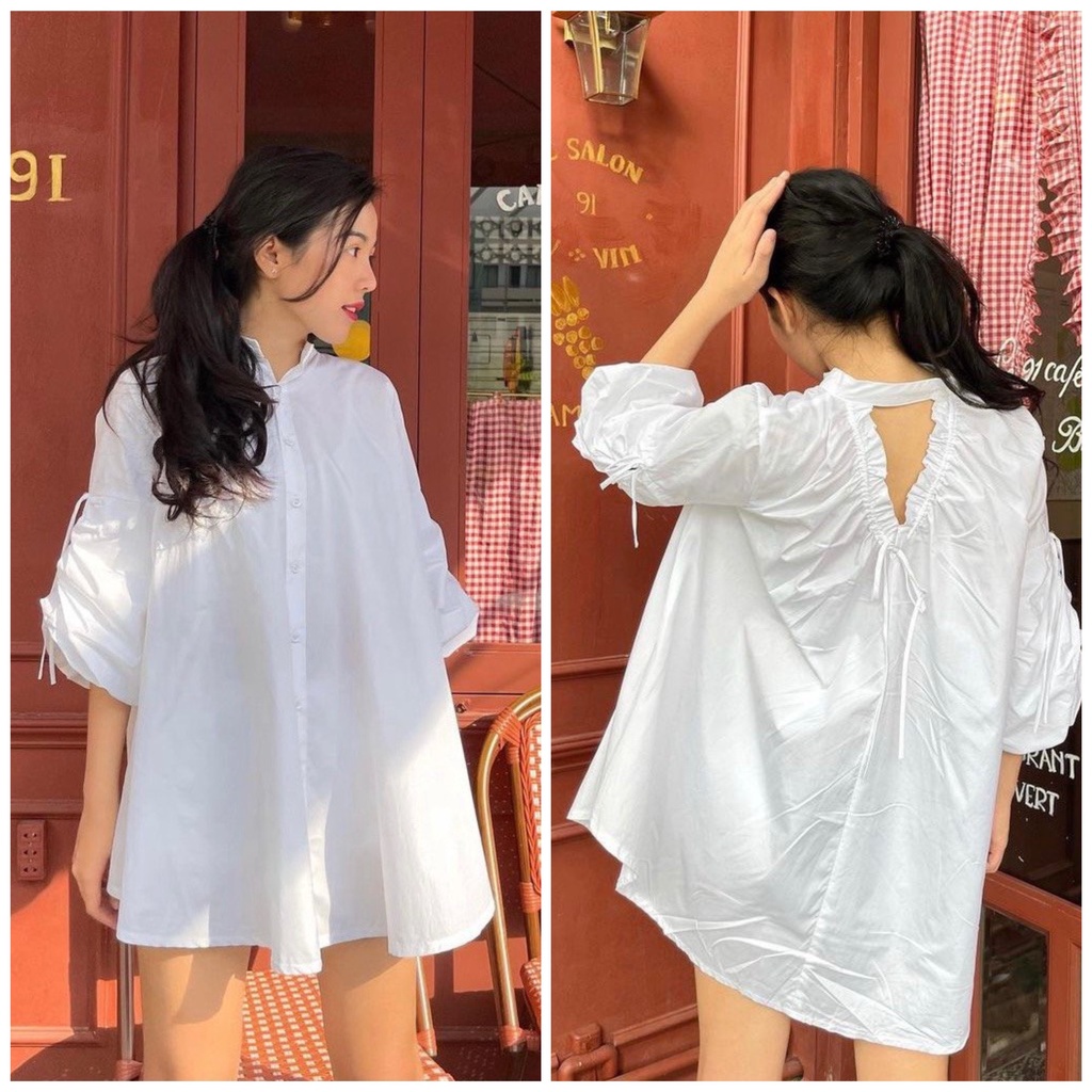 ÁO SƠMI KIỂU FORM SUÔNG CỘT NƠ TAY ÁO HAI MÀU TRẮNG ĐEN - BOW SHIRT