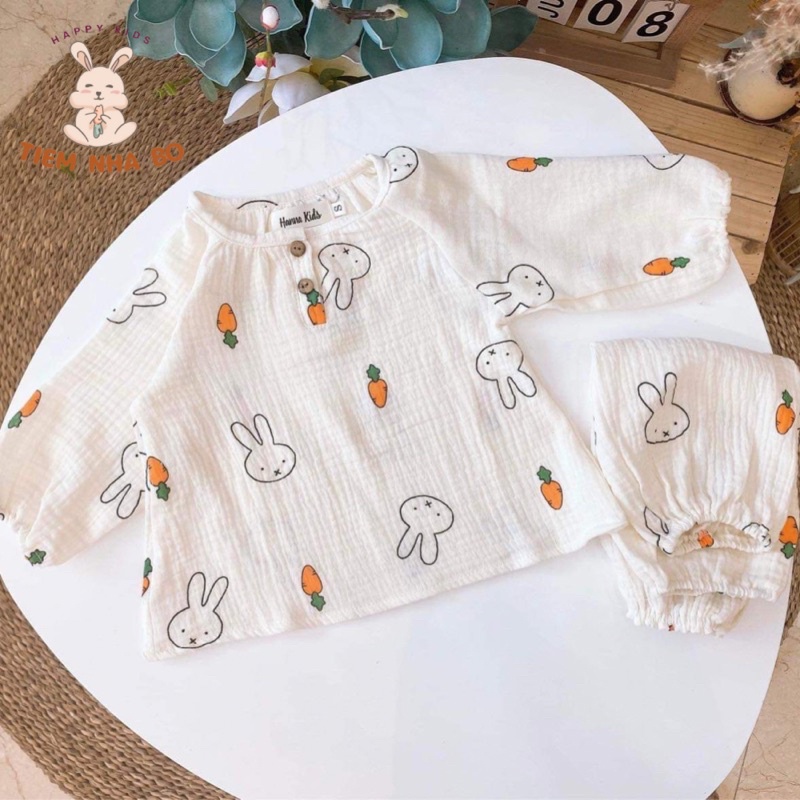 Bộ quần áo dài tay thu đông cho bé trai bé gái,DT cổ tròn cho bé mặc nhà vải xô muslin cho bé từ 5-15kg TNB