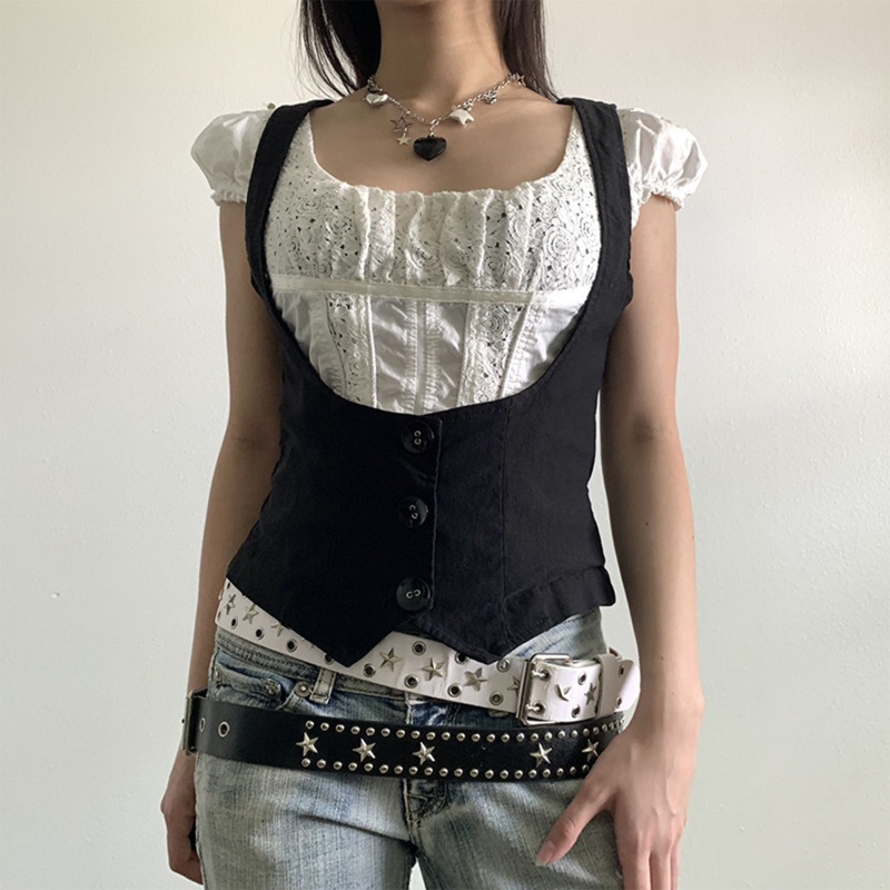 YOI Nữ Gothic Vintage Dressy Áo Vest Màu Đen Racerback Mini Vest Tuxedo Phù Hợp Với Steampunk Đầm 3 Nút Trượt Tuyết
