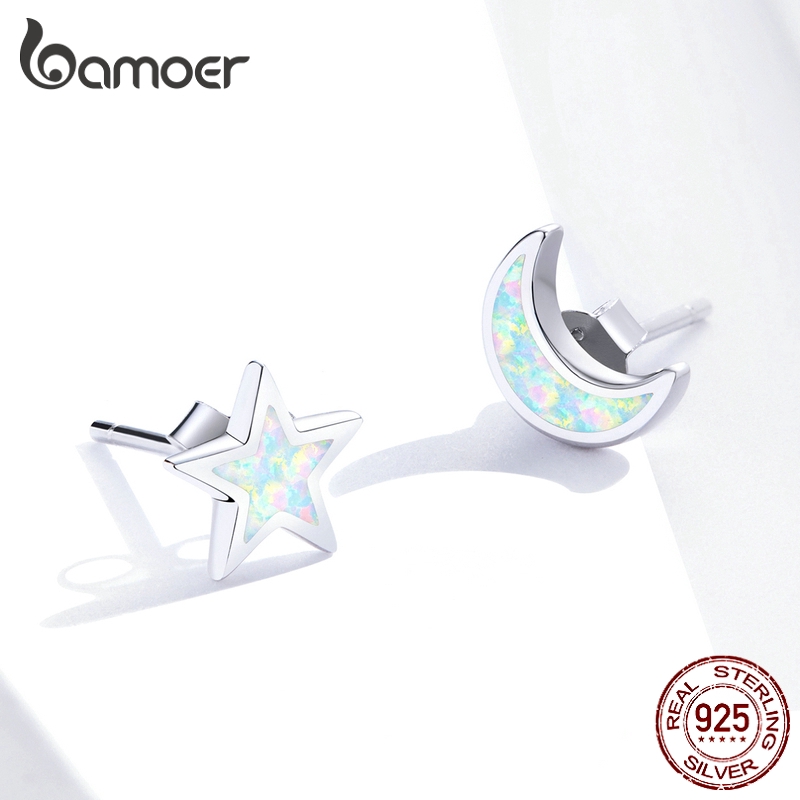 Bamoer Bông Tai bạc 925 Hình Mặt Trăng Và Ngôi Sao Đính Đá opal sce875