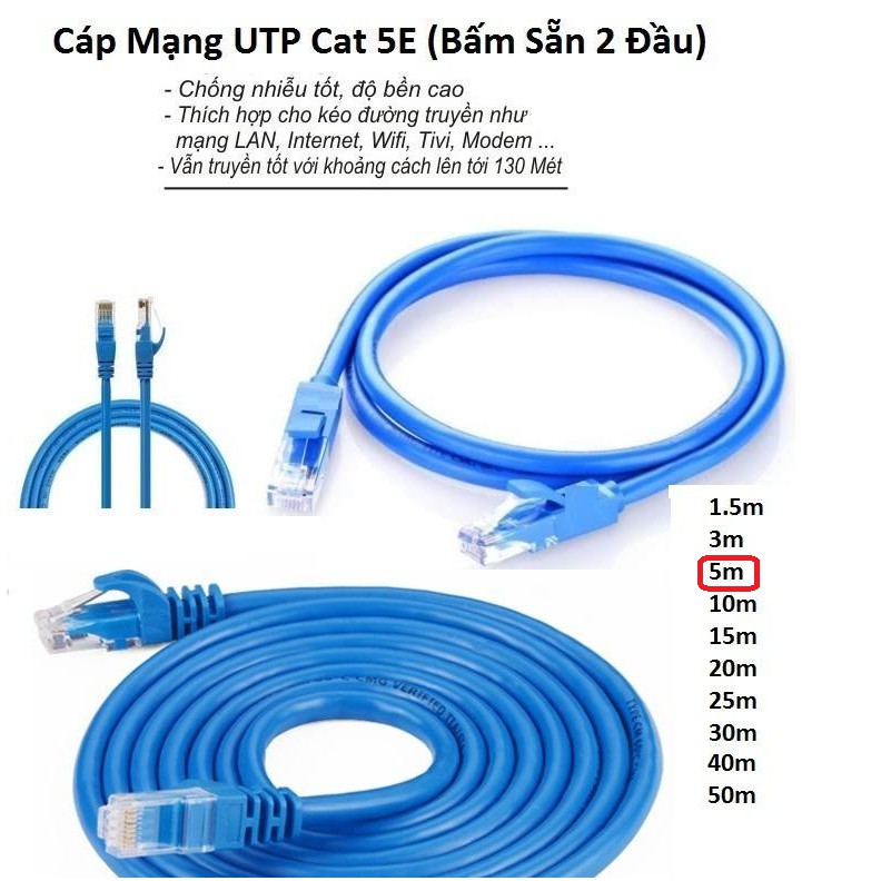 Cáp Mạng UTP Cat 5E Dây Xanh ( Bấm Sẵn 2 Đầu )Cable Lan UTP Cat 5E -5m ...