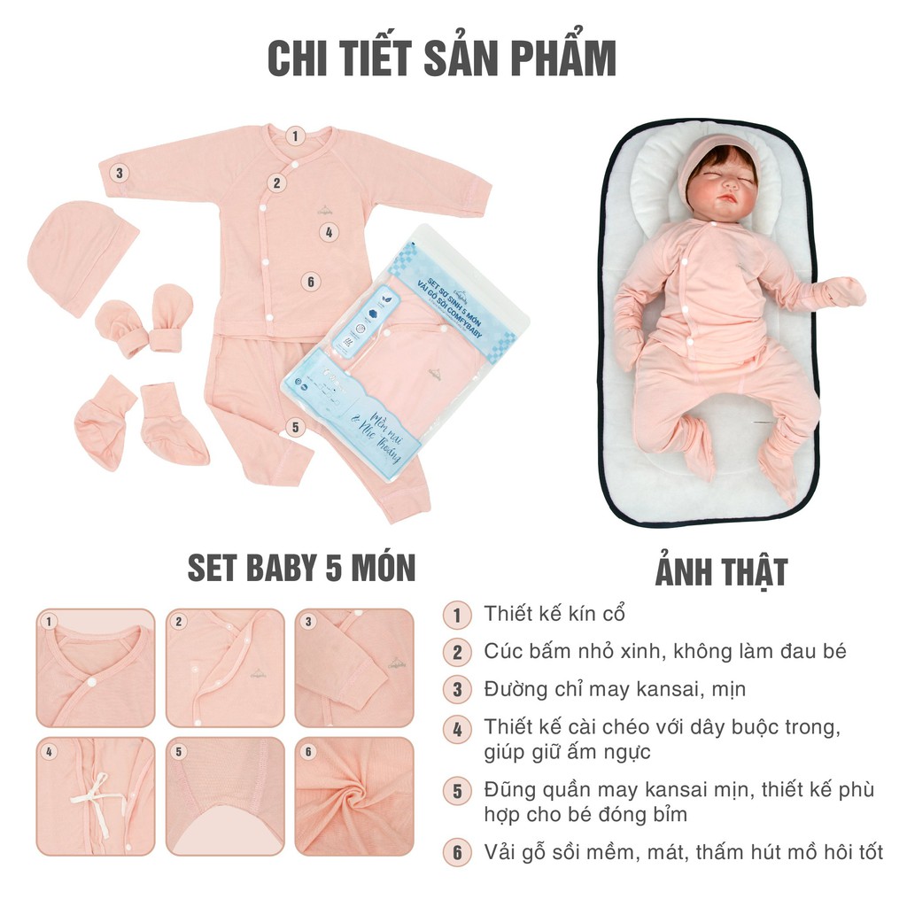 Ảnh Quần áo sơ sinh 5 món newborn cài cúc dài tay (quần, áo, mũ, bao tay, bao chân) mềm mại thoáng khí vải modal Comfybaby 4