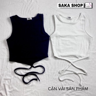 Áo ba lỗ nữ croptop ngắn có dây ôm phối eo màu trắng đen