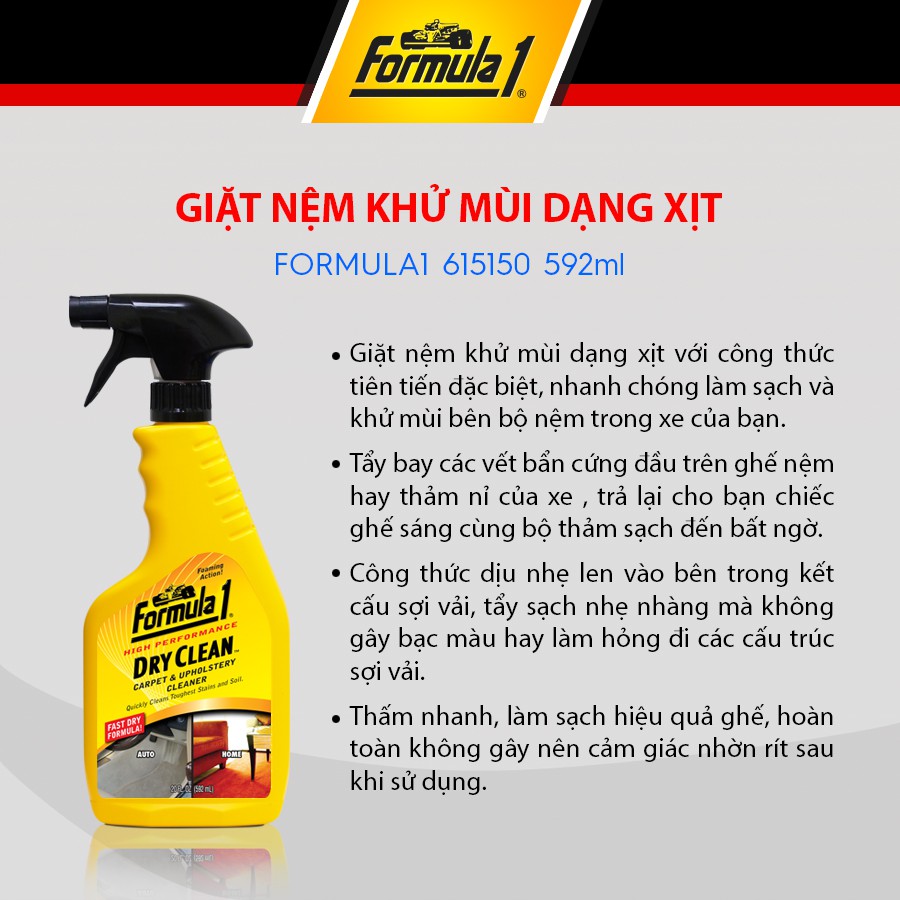 Vệ Sinh Nệm Và Vải Nỉ Khử Mùi Dạng Xịt FORMULA 1 615150 592ml Phù Hợp Cho Nhiều Dòng Xe Ô Tô Xe Hơi Xe Tải