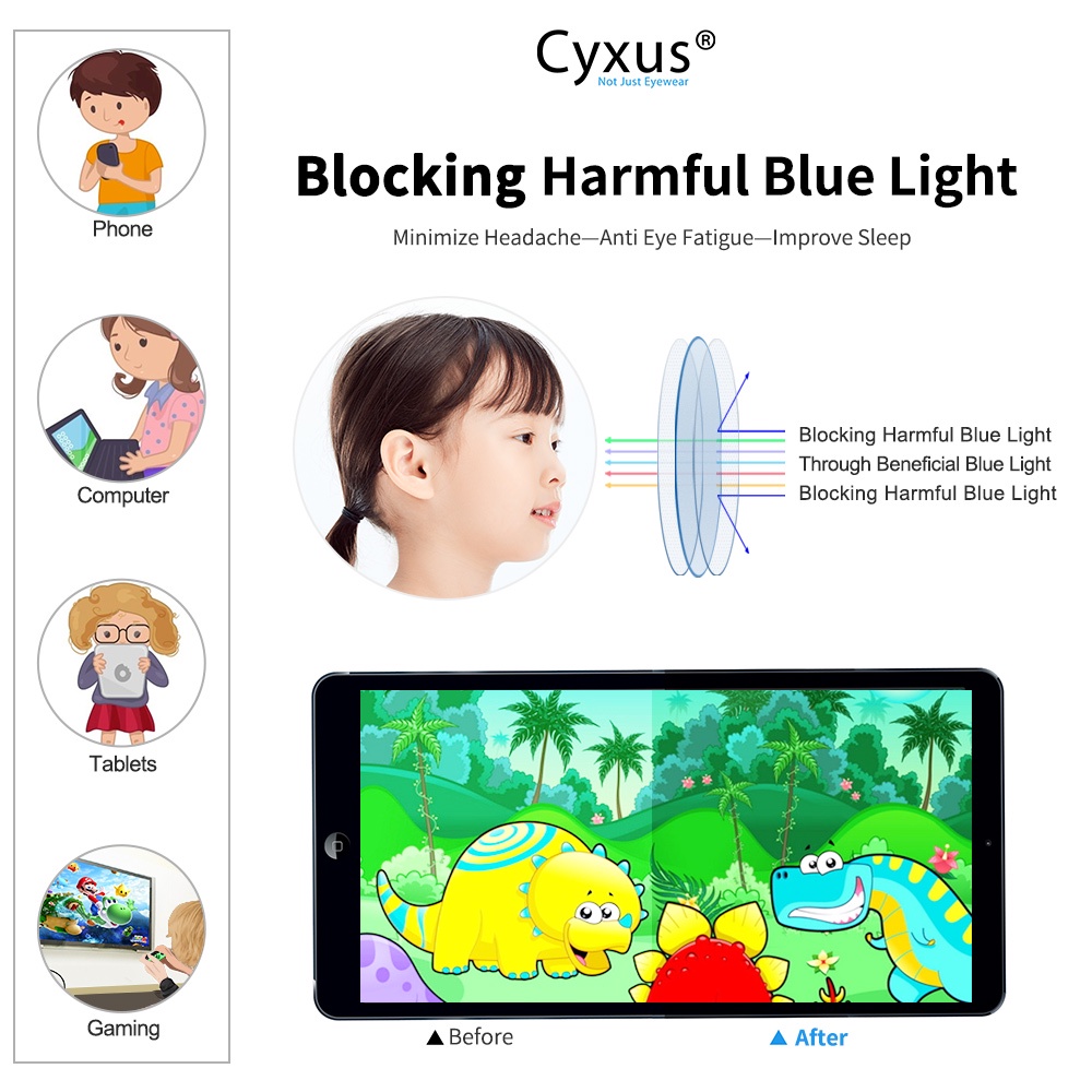 Cyxus Kính Chống Ánh Sáng Xanh Trẻ Em Gọng Silicon Mềm Bảo Vệ Mắt Học Online Chơi Game 6-15 Tuổi 6106