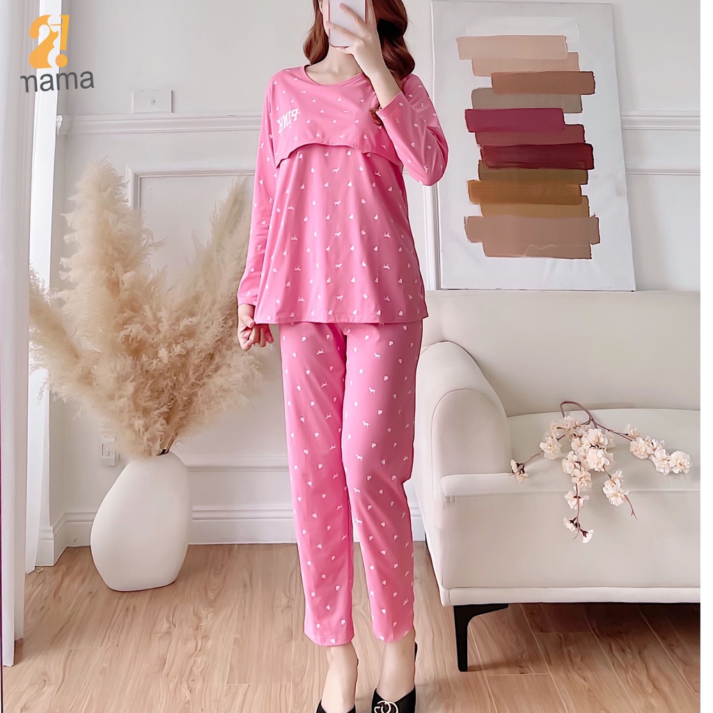 Bộ đồ bầu và sau sinh 2MAMA dài tay pink, chất cotton cao cấp cho mẹ bầu mặc nhà có nắp mở cho con bú V008