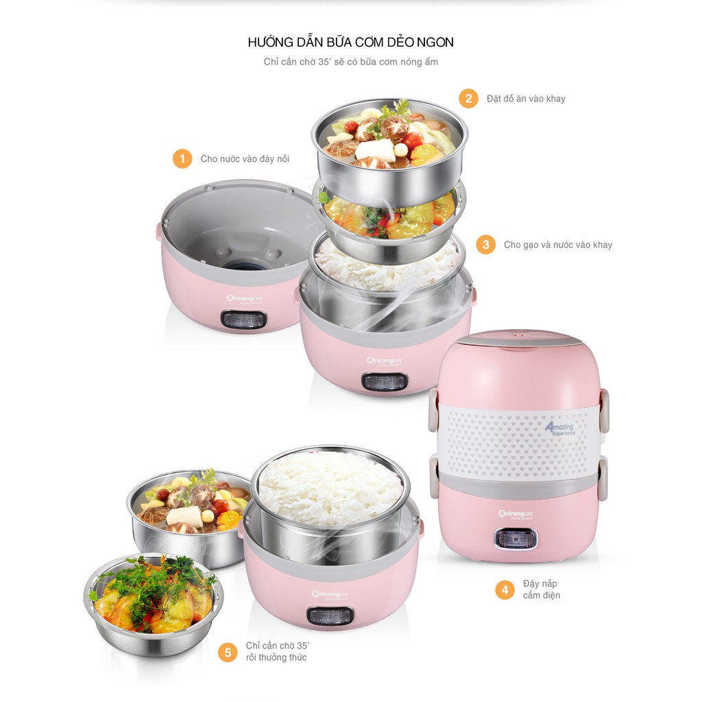 Ảnh Hộp Cơm Cắm Điện 2 Tầng ArirangLife EL-ALS263 (Hồng), Nấu Chín Và Hâm Nóng Thức Ăn, BH 1 Năm 4