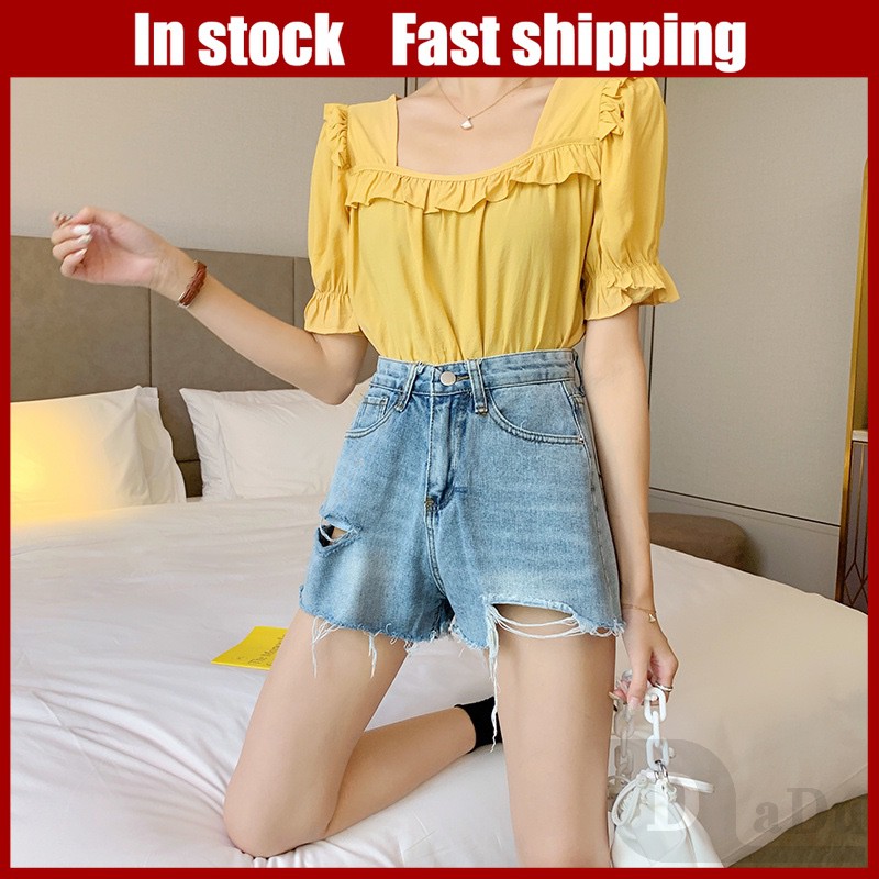 Ảnh Quần Short Jeans Denim Lưng Cao Phối Rách Cá Tính 1
