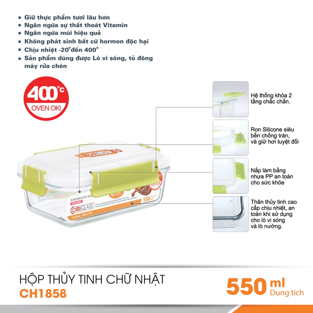 Combo 3 hộp thực phẩm thuỷ tinh Comet CH1858 - 550ml
